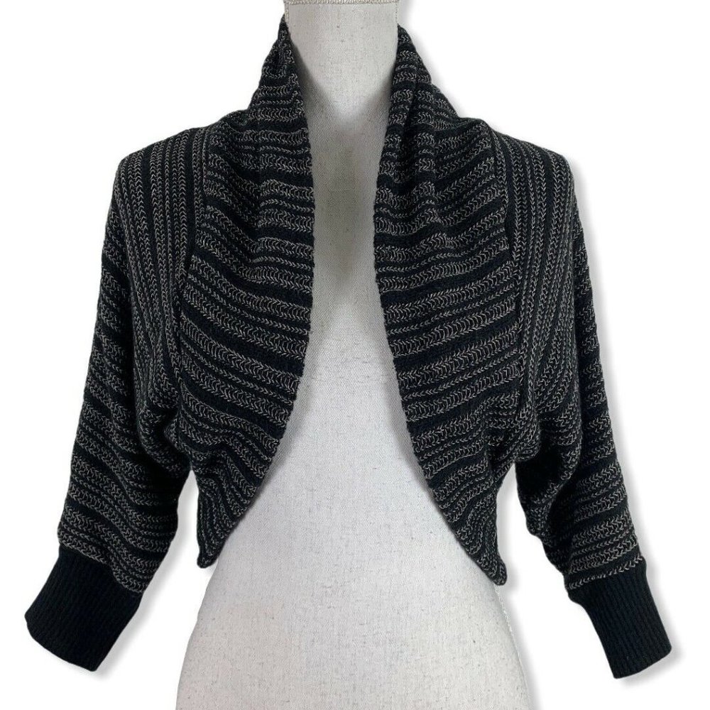 Una Small Shrug Sweater Black White Half Sleeve Open Front Cardigan Womens Top